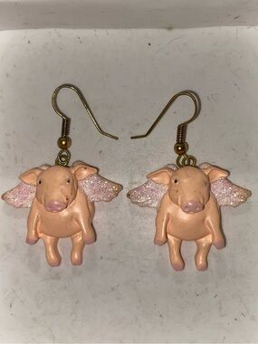 Pink Flying Pig Dangle Earrings with Glitter Wings